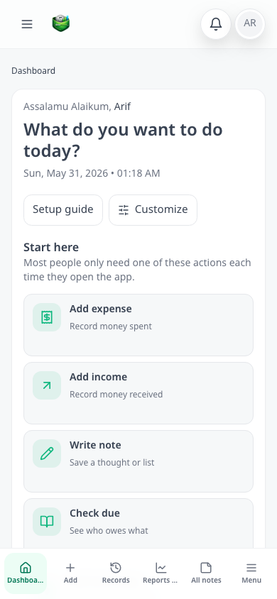 Dashboard mobile view