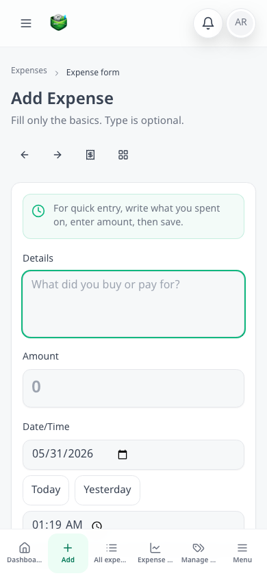 Expenses mobile view