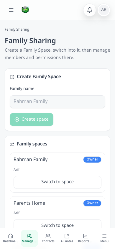 Family Space mobile view