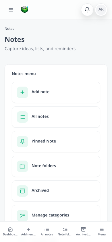 Notes mobile view